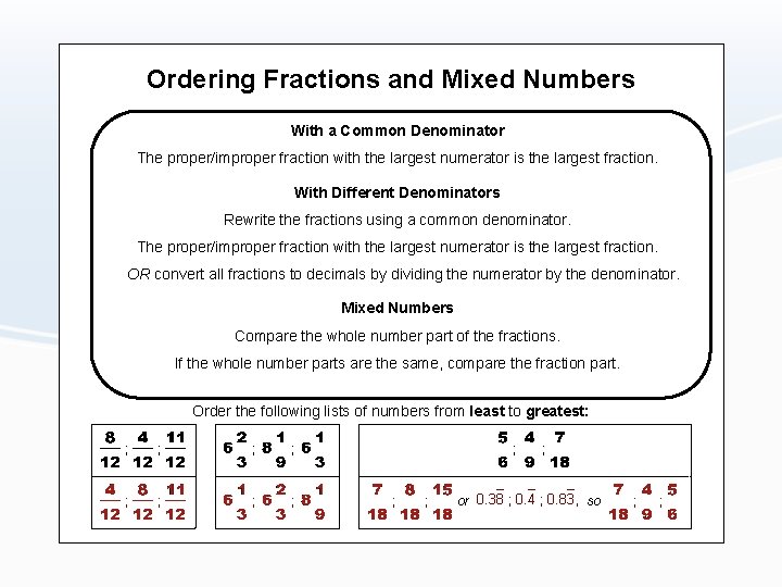 Ordering Fractions and Mixed Numbers With a Common Denominator The proper/improper fraction with the