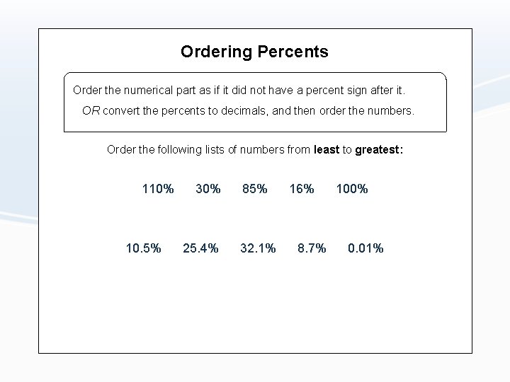 Ordering Percents Order the numerical part as if it did not have a percent