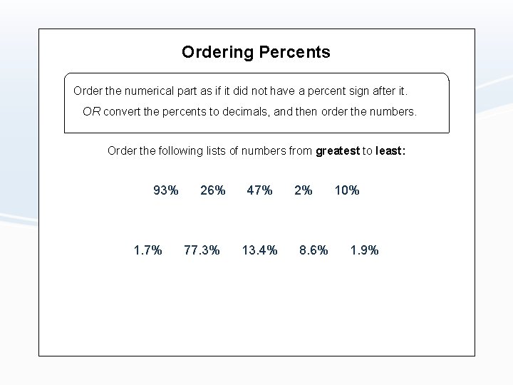 Ordering Percents Order the numerical part as if it did not have a percent