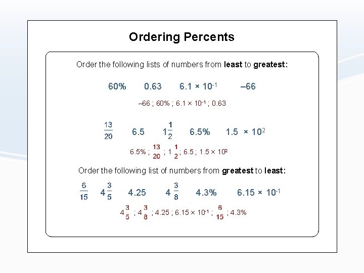 Ordering Percents Order the following lists of numbers from least to greatest: 60% 0.