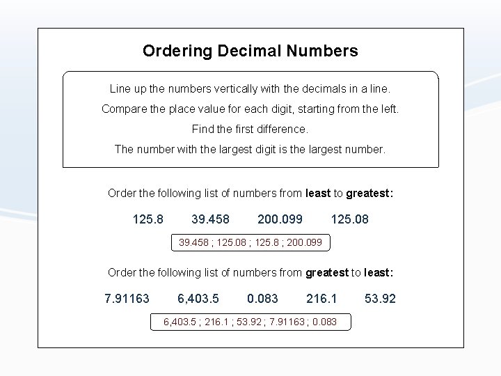 Ordering Decimal Numbers Line up the numbers vertically with the decimals in a line.