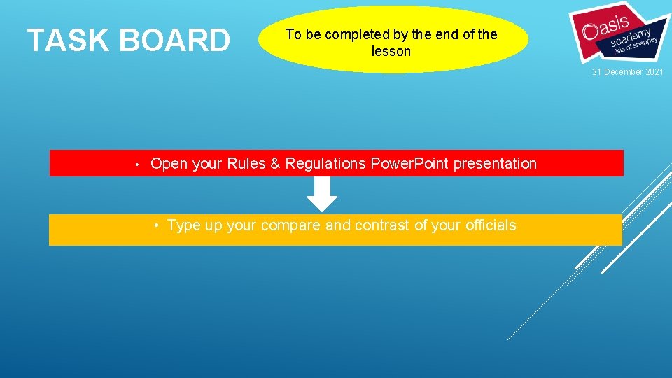 TASK BOARD To be completed by the end of the lesson 21 December 2021