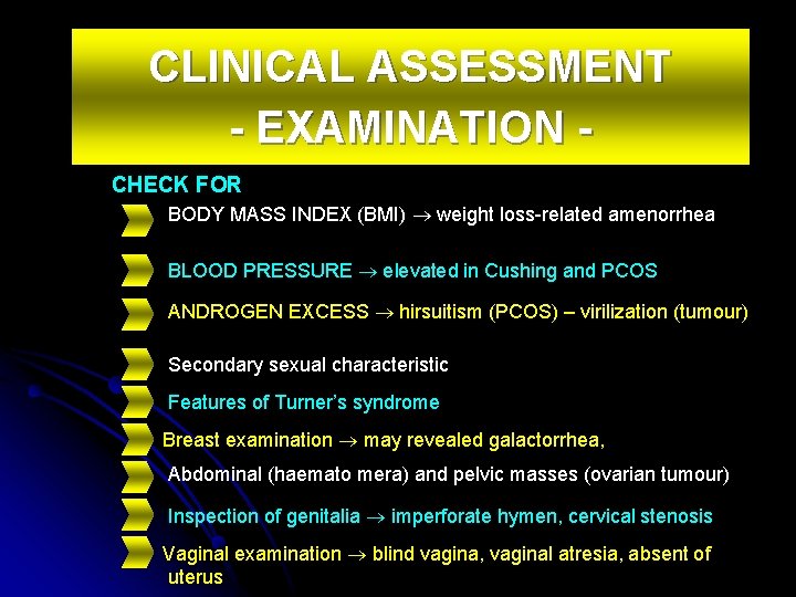 CLINICAL ASSESSMENT - EXAMINATION CHECK FOR BODY MASS INDEX (BMI) weight loss-related amenorrhea BLOOD
