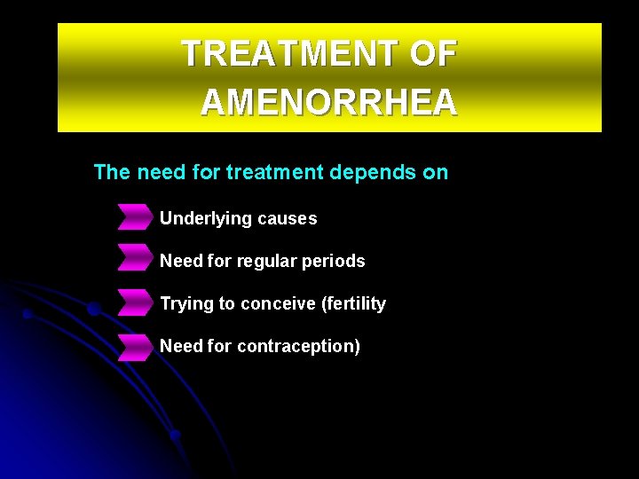 TREATMENT OF AMENORRHEA The need for treatment depends on Underlying causes Need for regular