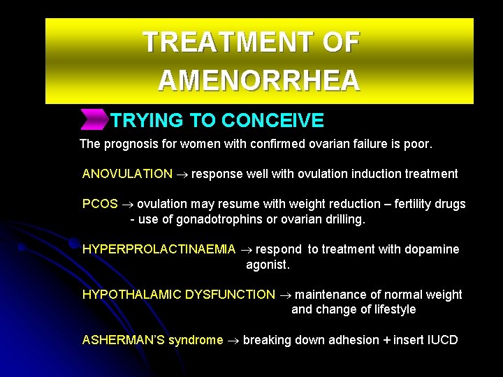 TREATMENT OF AMENORRHEA TRYING TO CONCEIVE The prognosis for women with confirmed ovarian failure