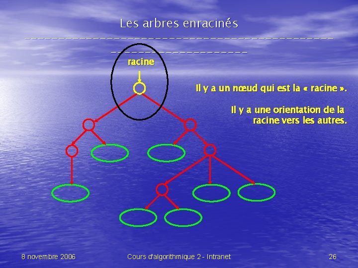 Les arbres enracinés --------------------------------racine Il y a un nœud qui est la « racine