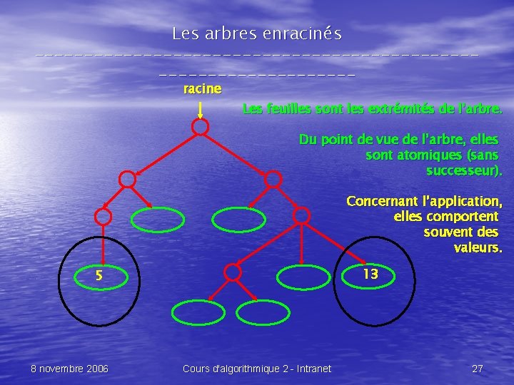 Les arbres enracinés --------------------------------racine Les feuilles sont les extrémités de l’arbre. Du point de