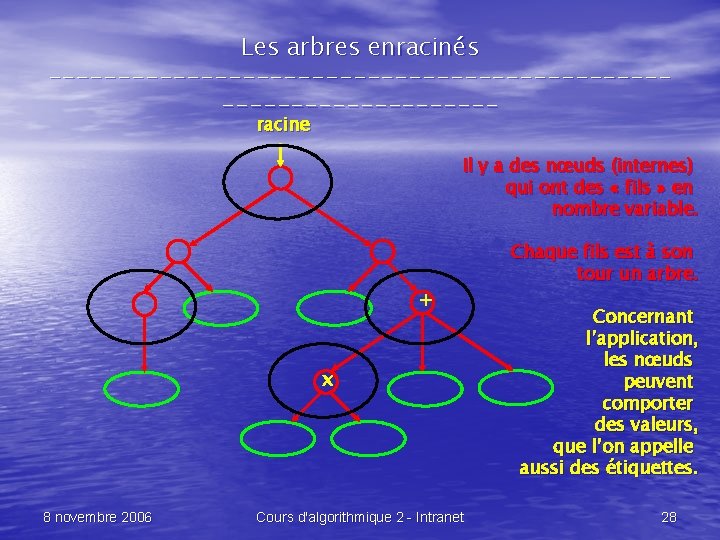 Les arbres enracinés --------------------------------racine Il y a des nœuds (internes) qui ont des «