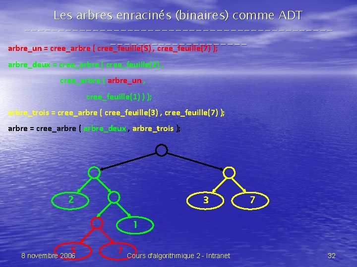 Les arbres enracinés (binaires) comme ADT --------------------------------arbre_un = cree_arbre ( cree_feuille(5) , cree_feuille(7) );