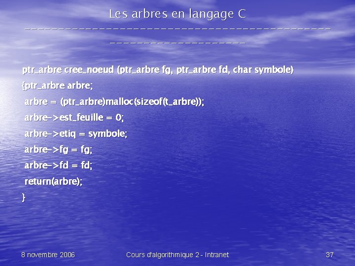Les arbres en langage C --------------------------------ptr_arbre cree_noeud (ptr_arbre fg, ptr_arbre fd, char symbole) {ptr_arbre;
