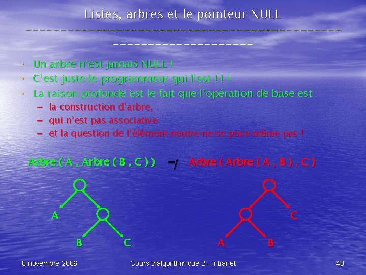 Listes, arbres et le pointeur NULL -------------------------------- • • • Un arbre n’est jamais