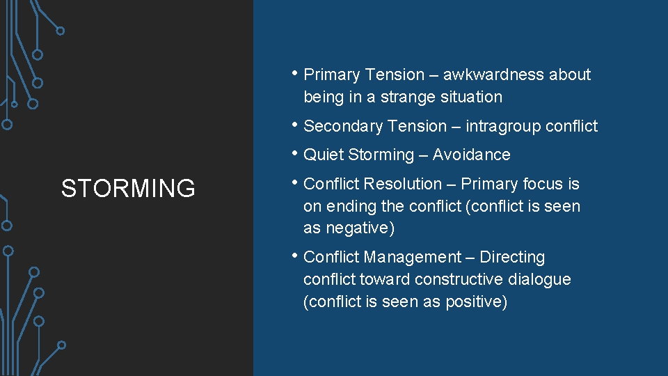  • Primary Tension – awkwardness about being in a strange situation STORMING •