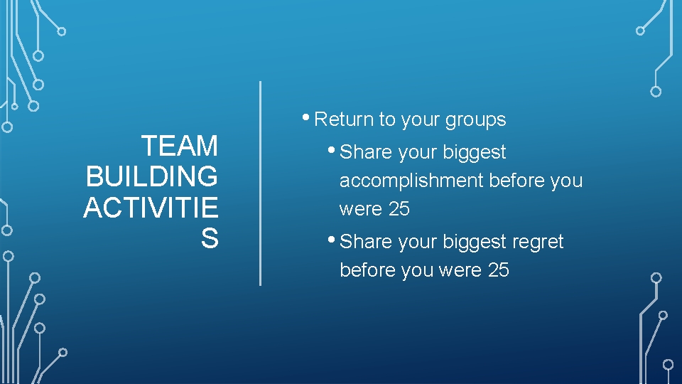 TEAM BUILDING ACTIVITIE S • Return to your groups • Share your biggest accomplishment