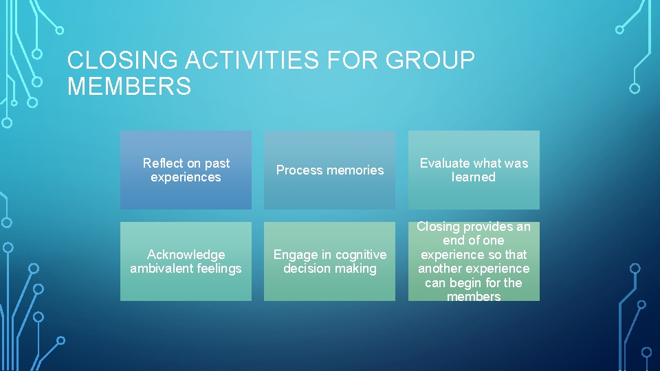 CLOSING ACTIVITIES FOR GROUP MEMBERS Reflect on past experiences Acknowledge ambivalent feelings Process memories
