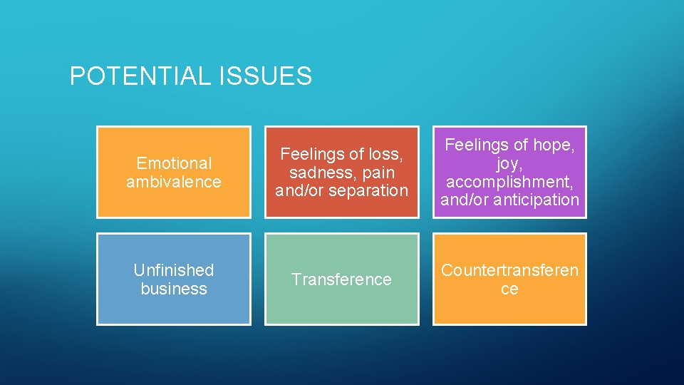 POTENTIAL ISSUES Emotional ambivalence Feelings of loss, sadness, pain and/or separation Feelings of hope,