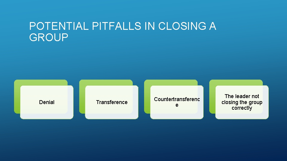 POTENTIAL PITFALLS IN CLOSING A GROUP Denial Transference Countertransferenc e The leader not closing