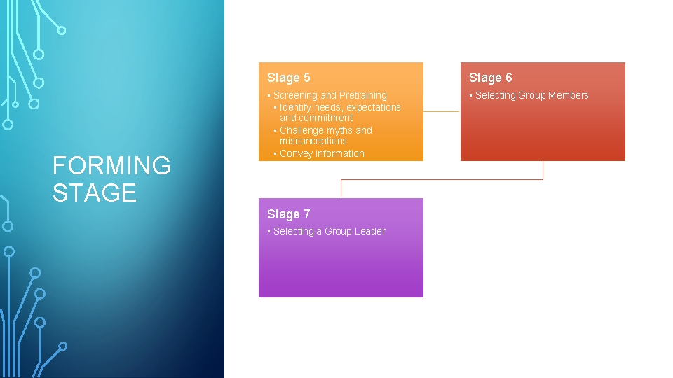 FORMING STAGE Stage 5 Stage 6 • Screening and Pretraining • Identify needs, expectations