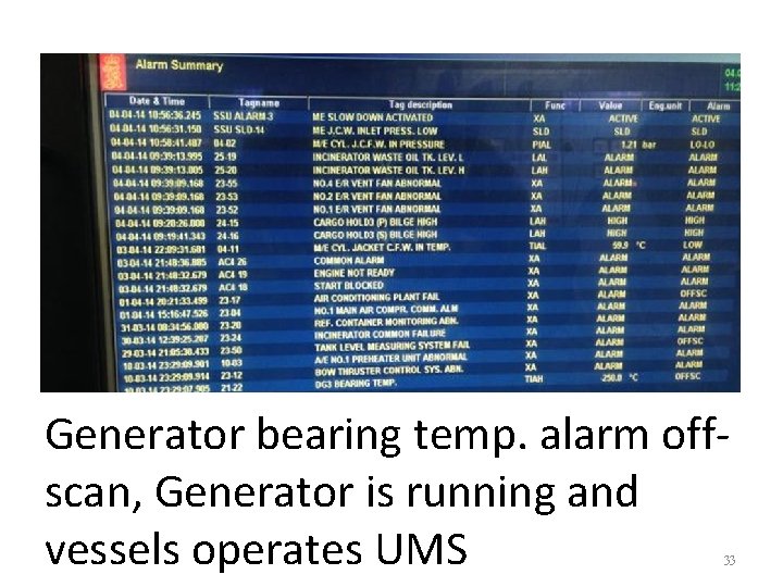 Generator bearing temp. alarm offscan, Generator is running and vessels operates UMS 33 