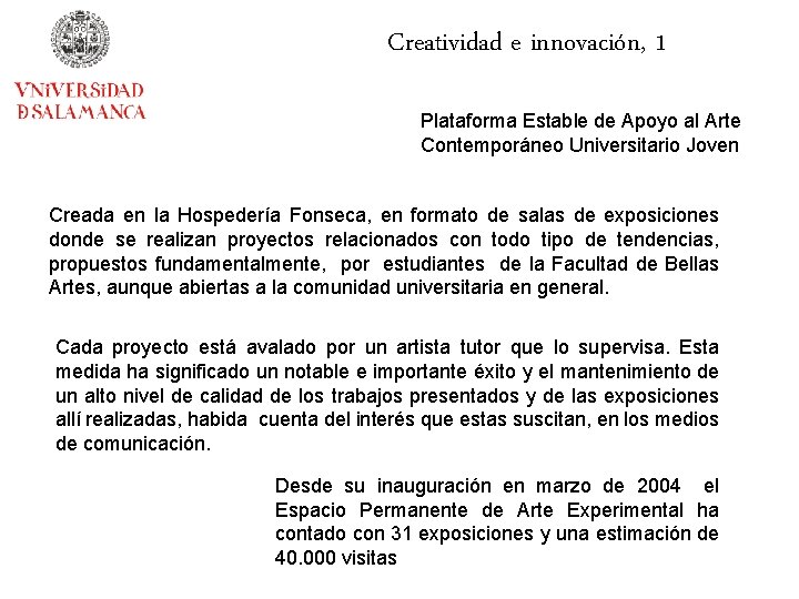 Creatividad e innovación, 1 Plataforma Estable de Apoyo al Arte Contemporáneo Universitario Joven Creada