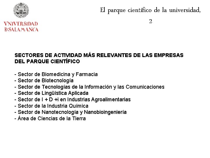 El parque científico de la universidad, 2 SECTORES DE ACTIVIDAD MÁS RELEVANTES DE LAS
