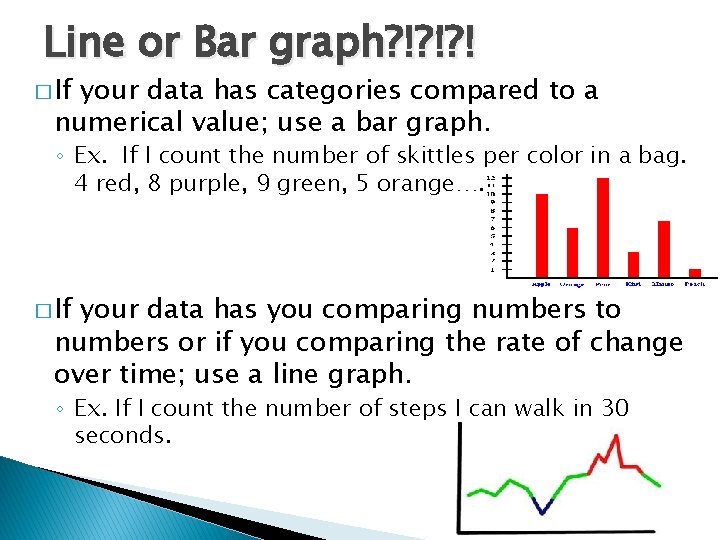 Line or Bar graph? !? !? ! � If your data has categories compared