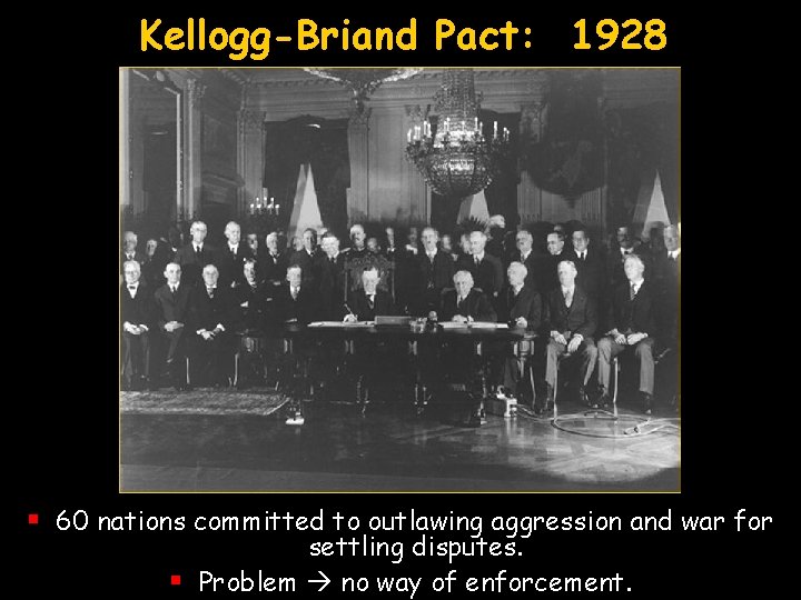 Kellogg-Briand Pact: 1928 § 60 nations committed to outlawing aggression and war for settling