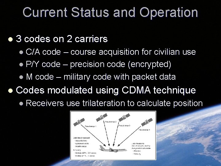 Current Status and Operation l 3 codes on 2 carriers l C/A code – Current Status and Operation l 3 codes on 2 carriers l C/A code –