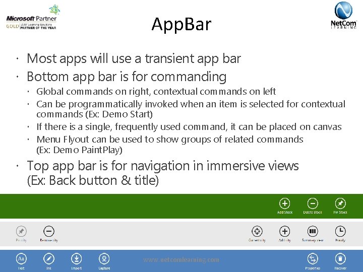 App. Bar Most apps will use a transient app bar Bottom app bar is