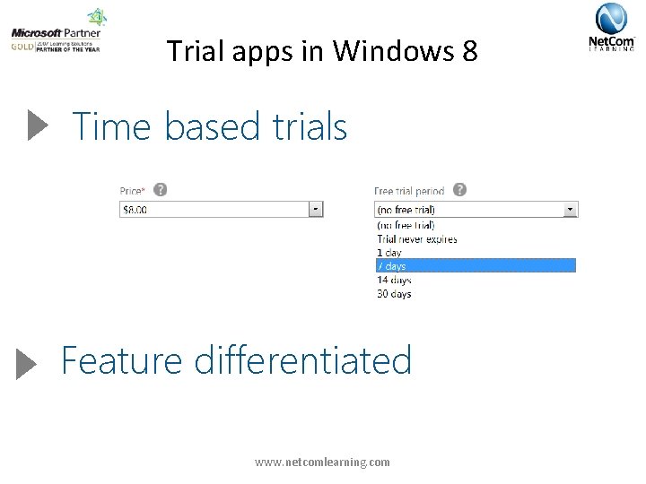 Trial apps in Windows 8 Time based trials Feature differentiated www. netcomlearning. com 