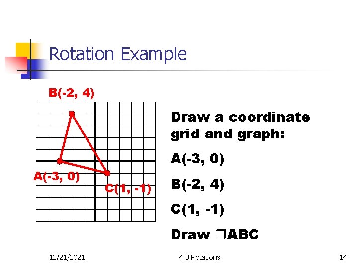 Rotation Example B(-2, 4) Draw a coordinate grid and graph: A(-3, 0) C(1, -1)