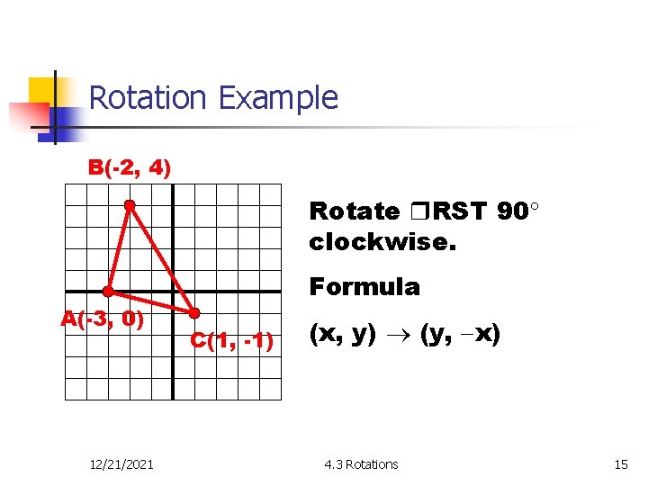 Rotation Example B(-2, 4) Rotate RST 90 clockwise. A(-3, 0) 12/21/2021 Formula C(1, -1)