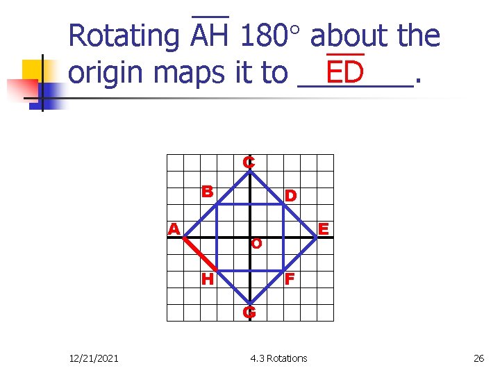 Rotating AH 180 about the origin maps it to _______. ED C B A