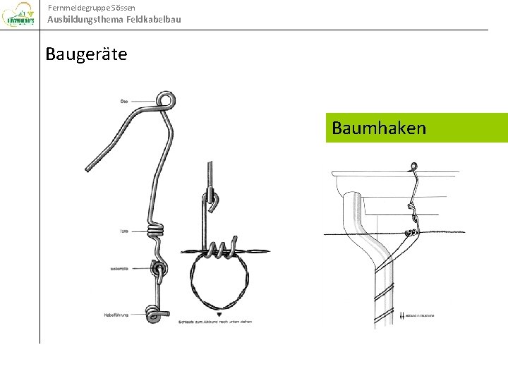 Fernmeldegruppe Sössen Ausbildungsthema Feldkabelbau Baugeräte Baumhaken 