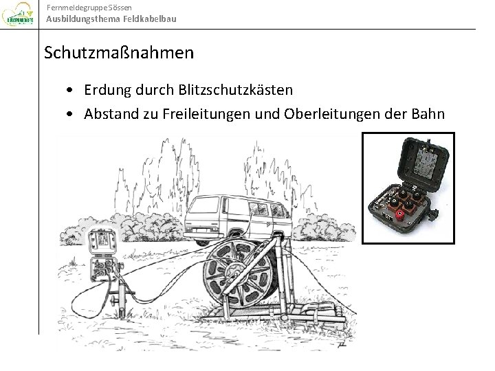 Fernmeldegruppe Sössen Ausbildungsthema Feldkabelbau Schutzmaßnahmen • Erdung durch Blitzschutzkästen • Abstand zu Freileitungen und