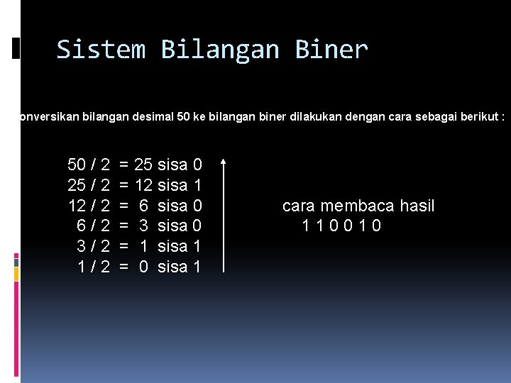 Sistem Bilangan Biner -Konversikan bilangan desimal 50 ke bilangan biner dilakukan dengan cara sebagai