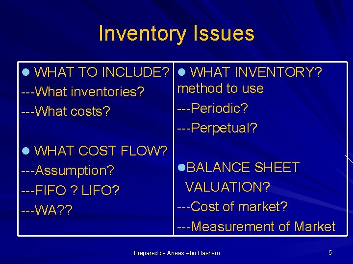 Inventory Issues l WHAT TO INCLUDE? l WHAT INVENTORY? ---What inventories? ---What costs? method