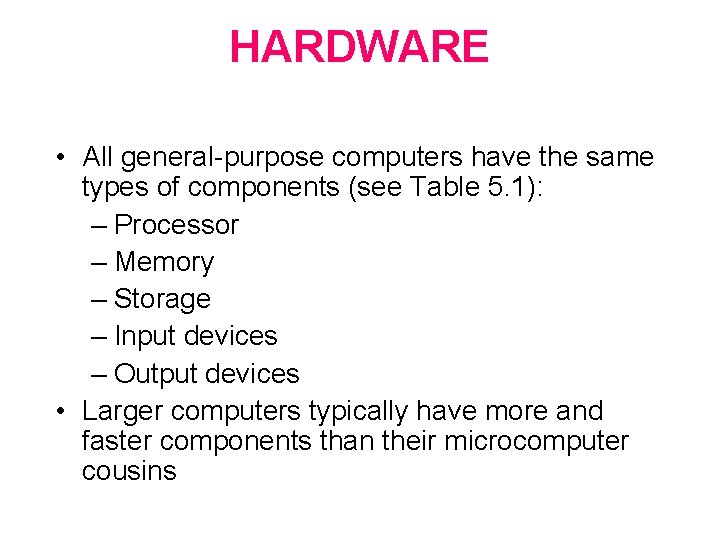 HARDWARE • All general-purpose computers have the same types of components (see Table 5.