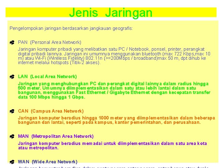 Jenis Jaringan Pengelompokan jaringan berdasarkan jangkauan geografis: _ PAN (Personal Area Network) Jaringan komputer