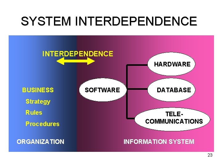 SYSTEM INTERDEPENDENCE HARDWARE BUSINESS SOFTWARE DATABASE Strategy Rules Procedures ORGANIZATION TELECOMMUNICATIONS INFORMATION SYSTEM 23