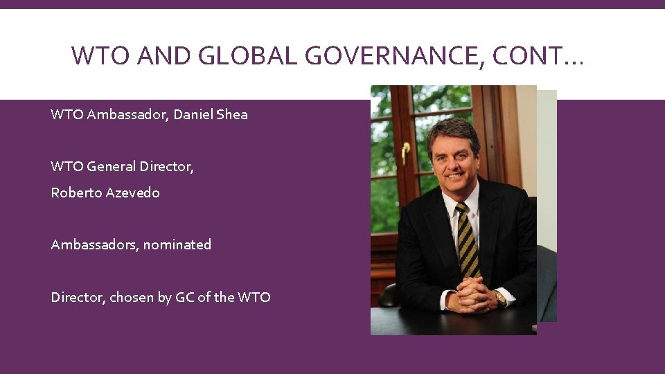 WTO AND GLOBAL GOVERNANCE, CONT… US ambassador, Dennis Shea WTO Ambassador, Daniel Shea WTO