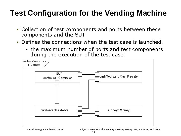Test Configuration for the Vending Machine • Collection of test components and ports between