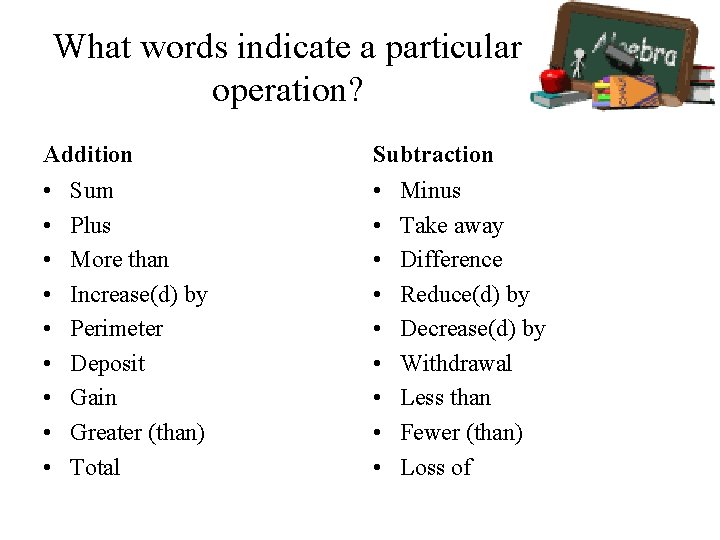 What words indicate a particular operation? Addition Subtraction • • • • • Sum