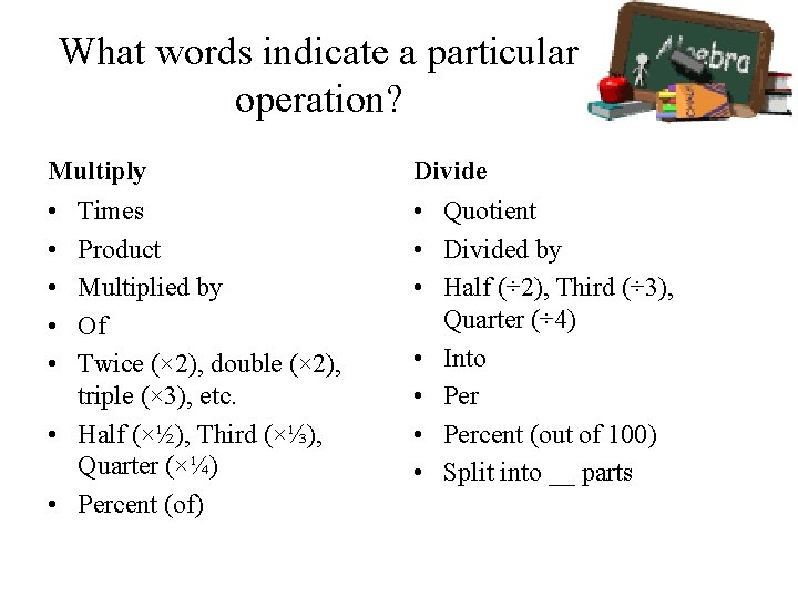 What words indicate a particular operation? Multiply Divide • • • Quotient • Divided