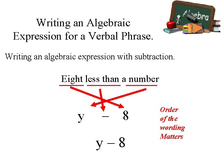 Writing an Algebraic Expression for a Verbal Phrase. Writing an algebraic expression with subtraction.