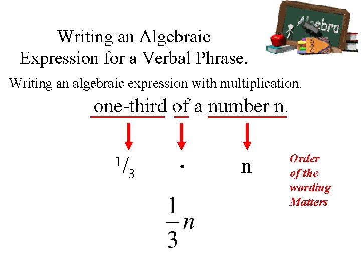 Writing an Algebraic Expression for a Verbal Phrase. Writing an algebraic expression with multiplication.