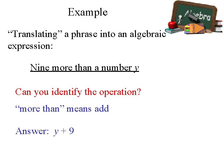 Example “Translating” a phrase into an algebraic expression: Nine more than a number y