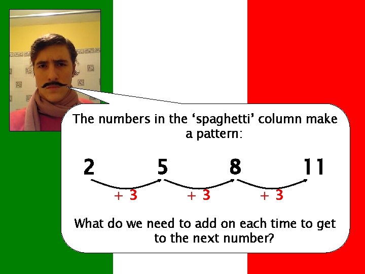 The numbers in the ‘spaghetti’ column make a pattern: 2 5 +3 8 +3