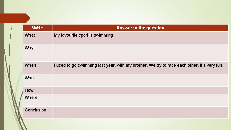 5 W 1 H What Answer to the question My favourite sport is swimming.