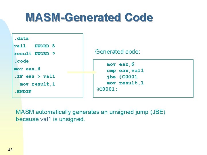 MASM-Generated Code. data val 1 DWORD 5 result DWORD ? . code mov eax,