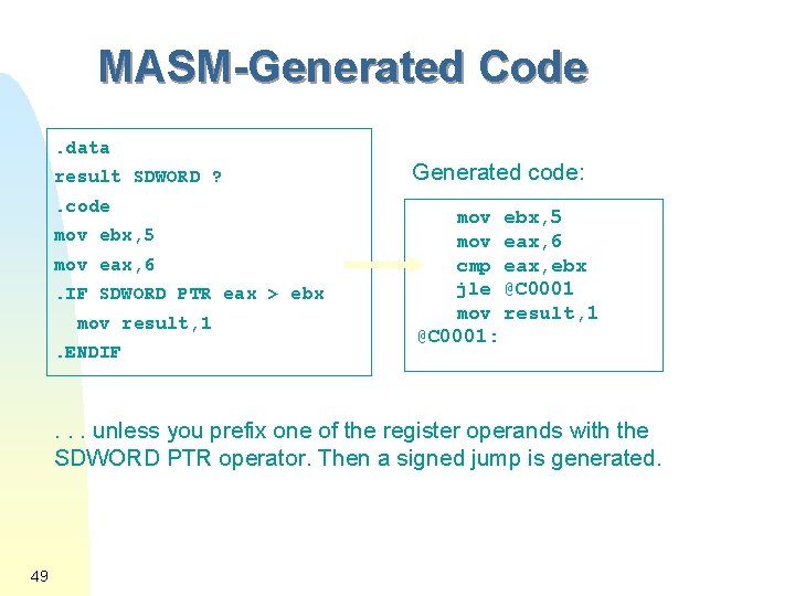MASM-Generated Code. data result SDWORD ? . code mov ebx, 5 mov eax, 6.